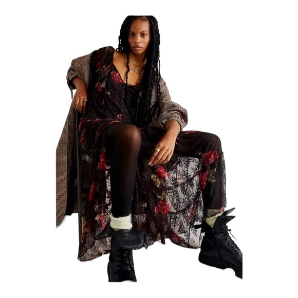 NWT FREE PEOPLE Brown Red Floral Lace Button Front Flutter Sleeve Maxi Dress XS - Picture 4 of 14